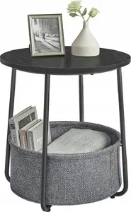 Vasagle Round Side Table with Fabric Storage Basket, Modern Bedside Table in Ebony Black and Slate Grey