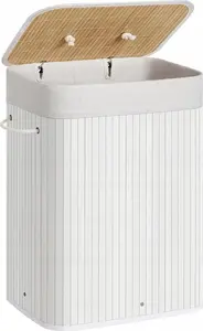 Songmics LCB010W01 Bamboo Laundry Hamper, 72L Rectangular Foldable Storage Basket with 3 Handles, White