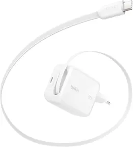 Belkin UltraCharge WCH022KQWH Indoor AC Fast Charger with USB Type-C and Retractable Cable for Smartphone, Tablet, Laptop, Headphones, and Smartwatch