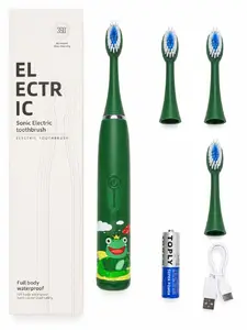 iLike   Kids Sonic Electric Toothbrush, Waterproof, 5 Brush Heads (1+4 Replacement Heads), Battery Powered, Soft Bristles, Green Frog Design Green