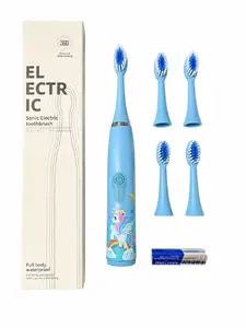iLike   Kids Sonic Electric Toothbrush, Waterproof, 5 Brush Heads (1+4 Replacement Heads), Battery Powered, Soft Bristles, Unicorn Design, Blue Blue