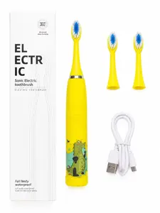 iLike   Kids Rechargeable Sonic Electric Toothbrush, USB Charging, 3 Brush Heads (1+2 Replacement Heads), Soft Bristles, Waterproof, Yellow Crocodile Design Yellow