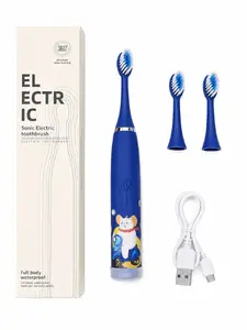 iLike   Kids Rechargeable Sonic Electric Toothbrush, USB Charging, 3 Brush Heads (1+2 Replacement Heads), Soft Bristles, Waterproof, Blue Bear Design Blue