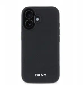DKNY PU Leather Case with Silver Metal Logo and MagSafe for iPhone 16, Black
