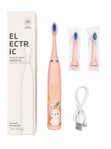 iLike   Kids Rechargeable Sonic Electric Toothbrush, USB Charging, 3 Brush Heads (1+2 Replacement Heads), Soft Bristles, Waterproof, Bunny Design, Pink Pink