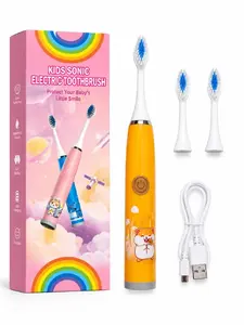 iLike   Kids Rechargeable Sonic Electric Toothbrush, USB Charging, 3 Brush Heads (1+2 Replacement Heads), Soft Bristles, Waterproof, Cute Hamster Design Orange