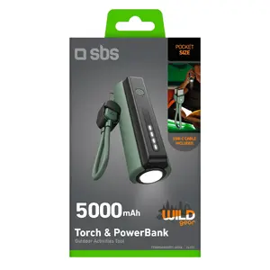 SBS Power Bank 5000 mAh with Integrated Torch and Type-C Cable, Black