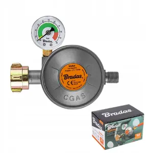 BRADAS Gas Regulator RGC31-50M with Pressure Gauge, EFV Safety Valve, 50 mbar, 1.5 kg/h, G1/4"-LH
