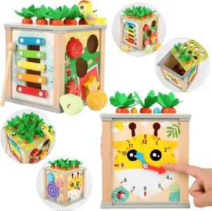 LEANToys 5-in-1 Wooden Educational Activity Cube with Shape Sorter and Blocks