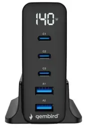Gembird TA-UC-2A3C-PD140-01-BK 140W 5-Port GaN USB Fast Charger with QC 3.0 and PD