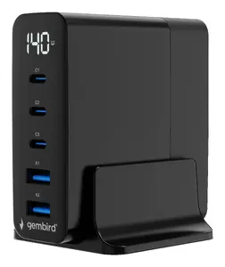 Зарядное устройство Gembird TA-UC-2A3C-PD140-01-BK 5-портовое 140 Вт GaN USB черное с 3 портами USB-C и 2 портами USB-A