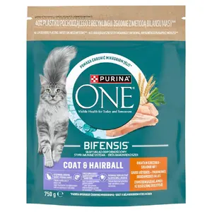 Сухой корм для кошек Purina ONE Coat & Hairball с курицей и цельными злаками 750г