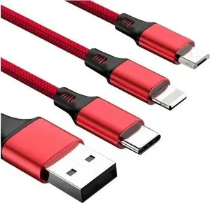 Vega USB-A uz USB-C, microUSB un Lightning universālais kabelis, sarkani-melns