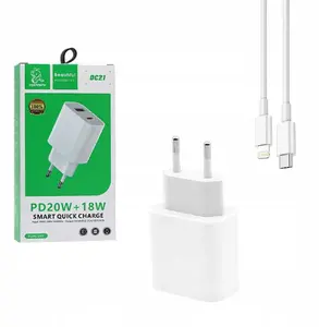 Denmen DC21 Wall Charger 20W 3A with USB-A and USB-C Ports PD+QC3.0 and USB-C to Lightning Cable White