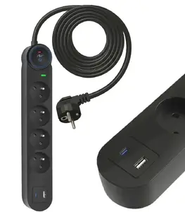 Сетевой фильтр ART SPD3, 4 розетки, кабель 3 м, 16А, порты USB-A и USB-C, черный