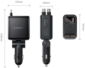 Orico Twin Reach Car Charger 45W USB-A and USB-C with Two Retractable USB-C Cables