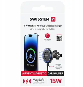 SWISSTEN Airhold Magnetic Car Holder with 15W Wireless Charger and MagSafe Compatibility