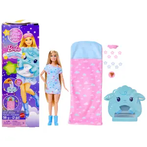 Mattel Barbie Party Unboxed Sleepover Reveal Series Blue Pajama Doll with 7 Accessories