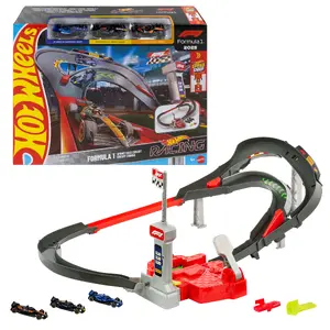 MATTEL JNN32 Hot Wheels City Racing Formula 1 Sprint Race Circuit Track Set with 3 Die-Cast Toy Cars in 1:64 Scale