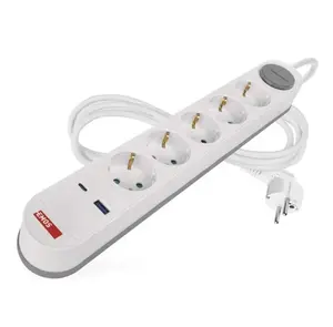 Сетевой удлинитель EMOS P1523FC 3 м, 5 розеток, выключатель, 1xUSB-A, 1xUSB-C, 1.5 мм2, бело-серый