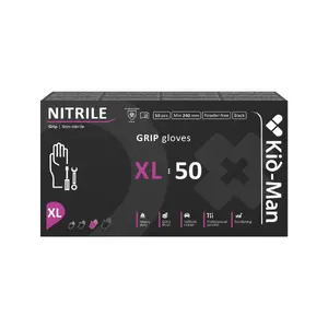 Kid-Man Black Grip Nitrile Gloves, Size XL, 50 Pieces