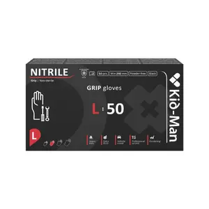 Kid-Man Black Grip Nitrile Gloves, Size L, 50 Pieces