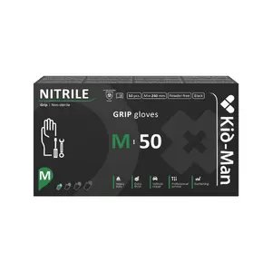 Kid-Man Black Grip Nitrile Gloves, Size M, 50 Pieces