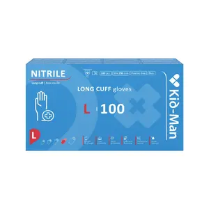 Kid-Man Long Nitrile Gloves, Size L, 290 mm Extended Cuff, Powder-Free, 100 Pieces