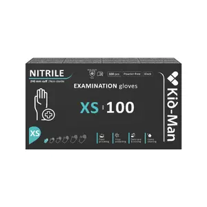 Kid-Man Nitrile Examination Gloves, Powder-Free, Black, Size XS, 100 Pieces