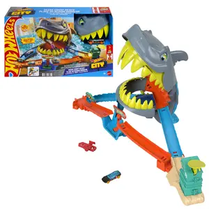 Hot Wheels City Shark Chomp Beach rotaļu komplekts ar trasi un mašīnīti