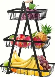 KRISBERG KR 2708 Three-Tier Rectangular Metal Fruit Basket with Handle, Black