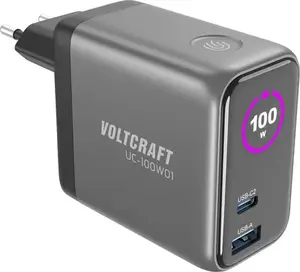 Voltcraft UC-100W01 USB Charger, 100W, 1x USB-A and 2x USB-C, GaN Technology, USB Power Delivery