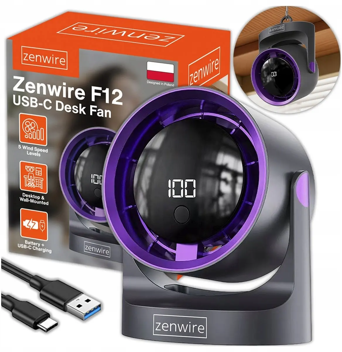 Zenwire Mini galda ventilators, pārnēsājams USB-C