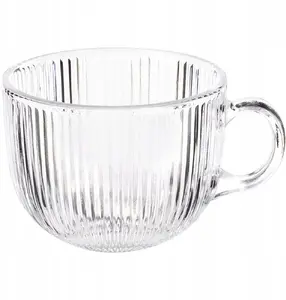 Lumarko VILDE Ribbed Glass Set, 6 Pieces, 470 ml, with Handle for Coffee and Tea
