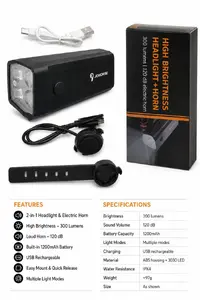 iLike   Rechargeable Bicycle Headlight with 120dB Electric Horn, 300 Lumens LED Bike Light, USB Rechargeable, Handlebar Remote Switch 