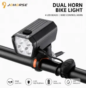 iLike   JOHORSE USB Rechargeable Bike Headlight with 120dB Electric Horn, 300LM 4 LED Bicycle Front Light, 7 Lighting Modes, Handlebar Remote Switch, IPX4 Waterproof Black