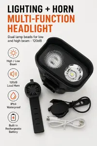 iLike   JOHORSE Rechargeable Bike Light with 120dB Horn, USB Rechargeable LED Bicycle Headlight, High/Low Beam, IPX4 Waterproof, Front Cycling Light Black