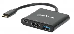 Manhattan USB-C Dock/Hub, Ports (x3): HDMI, USB-A and USB-C, With Power Delivery (100W) to USB-C Port (Note additional USB-C wall charger and USB-C cable needed), Universal for all devices, Cable 10cm, Black, Three Year Warranty