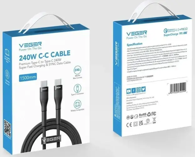 Veger CC03 USB-C uz USB-C kabelis 240W Photo 3