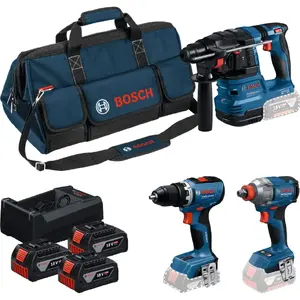 Bosch 18V Professional elektroinstrumentu komplekts: perforators GBH 18V-22, urbjmašīna-skrūvgriezis GSR 18V-65, triecienskrūvgriezis GDX 18V-285 un 3x 5.0Ah akumulatori