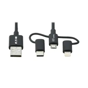 EATON M101-006-LMC-BK universāls USB-A uz Lightning, Micro-USB un USB-C sinhronizācijas un uzlādes kabelis, 1.8 m