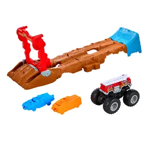 Hot Wheels Monster Trucks Dual Terrain Raceway Toy Set by Mattel, 4 Feet Long with 2 Toy Trucks and 2 Crushed Cars, Plastic, Multicolour