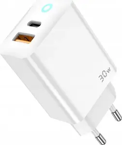 Сетевое зарядное устройство Jellico EU13 GaN 30 Вт, 1x USB-C PD и 1x USB-A QC3.0, белое