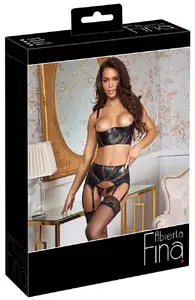 Abierta Fina Shelf Bra Suspender Set 75B/S, Black Lace and Matte Look