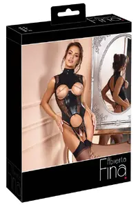 Fancy Fashion Basque XL Wetlook Lingerie Set with Tulle and Chains