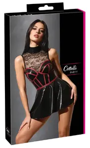 Cottelli Collection bezpiedurkņu minikleita, melns un sarkans wetlook materiāls ar mežģīnēm, izmērs L
