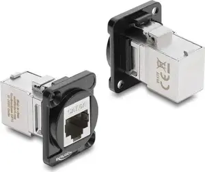 Delock D-Typ Modul RJ45 Buchse zu Buchse 90° gewinkelt Cat.6A schwarz / silber (91177)