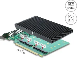 Delock PCI Express 5.0 x16 Karte zu 4 x intern NVMe M.2 Key M mit Kühlkörper - Bifurcation (90709)