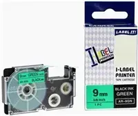 Xerox saderīga uzlīmju lente Casio XR-9GN1, 9mm x 8m, melns teksts uz zaļa fona