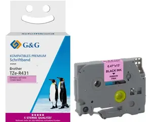 G&G 18768 TZe uzlīmju lente, 12 mm x 4 m, melna uz rozā